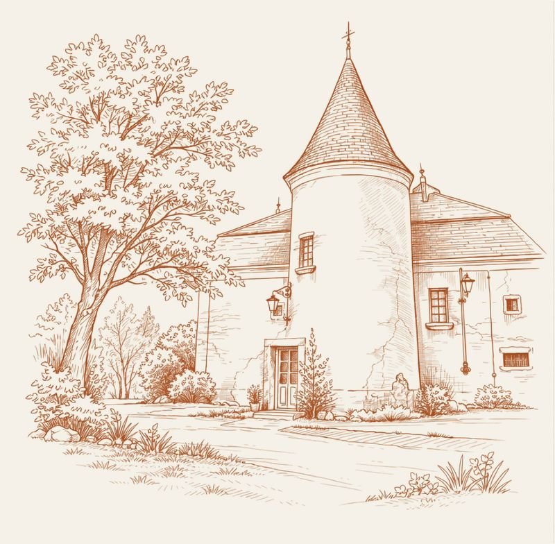 Dessin au trait du Château de l’Étang, sa tour et ses arbres